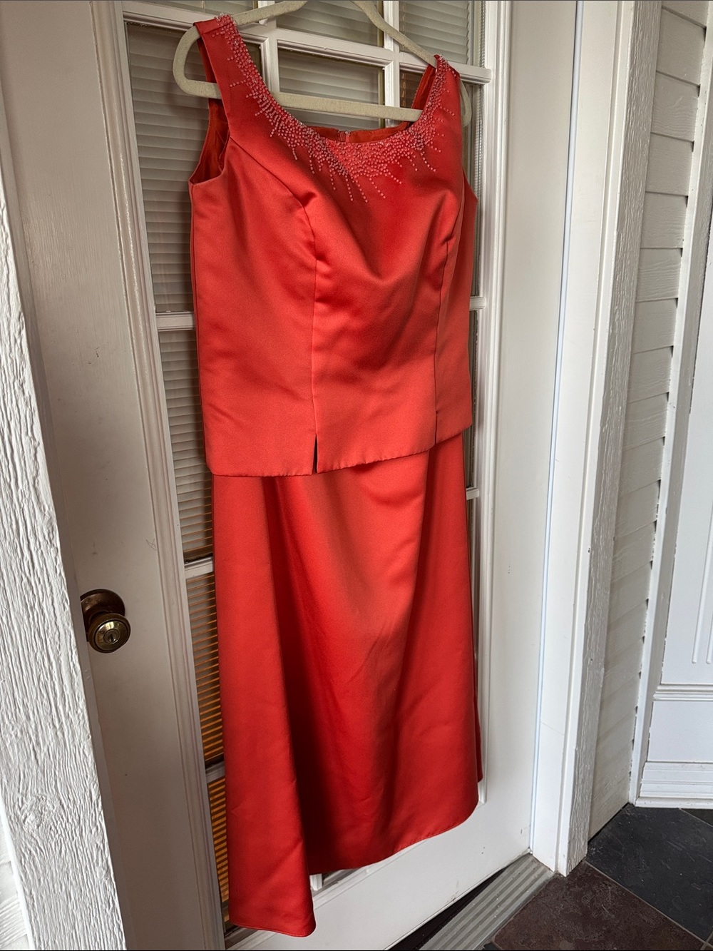 Elegant Red Orange Sleeveless Skirt Set with Beaded Neckline